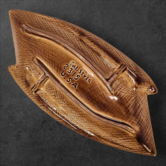 Vintage MCM California Pottery Leaf Ashtray 14" Green Brown Gold Glaze Retro 70s - Picture 7 of 10